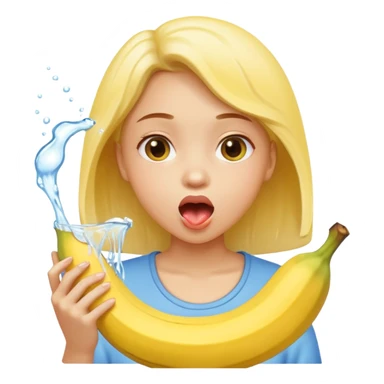 a girl rinsing mouth with pale yellow water coming out from a banana sticker