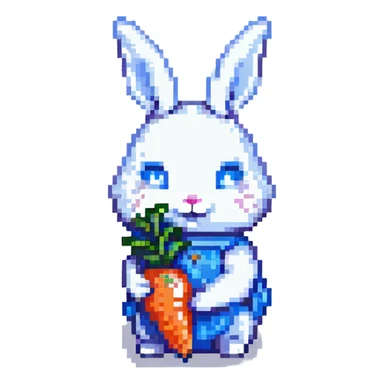 white rabbit holding a blue carrot, pixel art style sticker