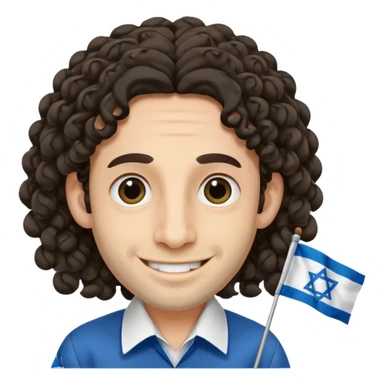 jewish jew man's face, wearing a tiny black kippah and 2 curly long hair strands near the ears, big nose, only face, no body, no mustache, holding israel flag sticker