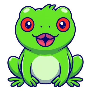 Exaggerated cartoony green frog with big bulging cross-eyes and long tongue sticking out, comic-style with silly expression sticker