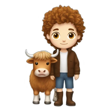White brunette boy with fluffy highland cow sticker