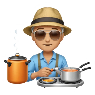 A man camper boiling water on a portable stove, enjoying the outdoor breeze.
 sticker