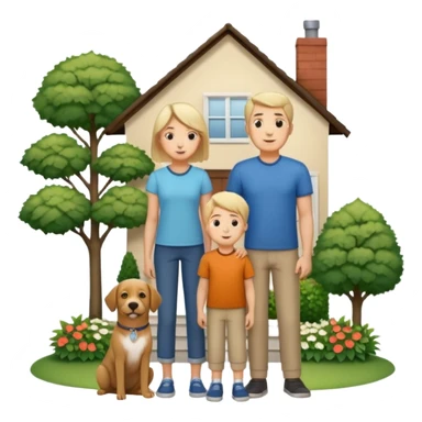 1 Father 1 Mother and 1 young BOY who is half as tall as the parents, standing in front of their house with a dog next to them. Everyone should look VERY happy. There MUST be a house behind them with trees and plants sticker