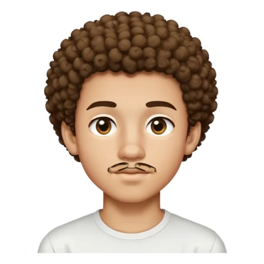 17 year old light-skinned boy with slightly brown smaller eyes, small mustache above lip, very curly hair like a small afro with cut sides, one single curl like an antenna falling on forehead, wearing a tight white shirt sticker
