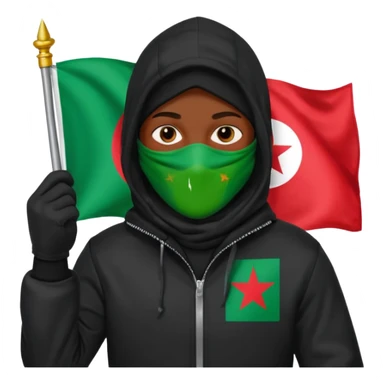 fait une personne habiller tout en noir avec une veste et une capuche et une cagoule qui tient un drapeua d'algerie dans sa main droite sticker