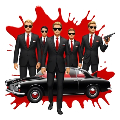 Icon for 'Reservoir Dogs' Movie: Silhouettes of characters in suits with sunglasses, dramatic lighting, a bullet-riddled car, and red splashes symbolizing chaos. Vintage, bold cinematic style with high contrast. Transparent background. sticker