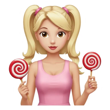 Beautiful woman with long blonde ponytails wearing light pink bodycon dress holding a lollipop sticker
