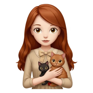 a beautiful girl with long red and brown hair, clear brown eyes, in a beige dress and with a beige bow holds two black cat in her hands sticker