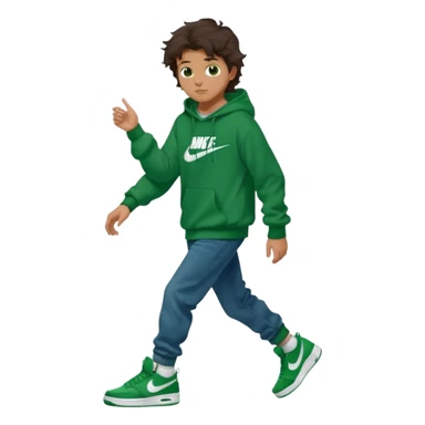a 14 year old slightly tanned teenage boy with dark brown tousled wavy hair, dark brown eyes wearing a green tshirt, a dark green hoodie, blue jeans and green nike air jordans sticker