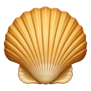 A madeleine pastry. Scalloped seashell shape with four to five vertical lines going in the same direction. Light golden brown. Scalloped edge. Cookie. Flat. Long. Oval shape sticker