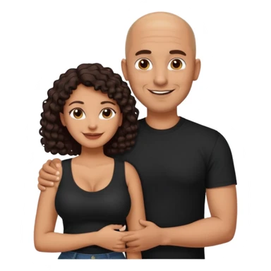 A picture of a tanned couple with the man's arm around her. the man is a Mexican man with tanned skin, a bald hair cut, short beard and wearing a black shirt. the woman is mixed, with curly dark brown hair and with big boobs  sticker