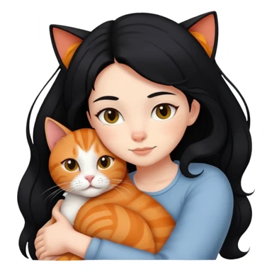 A black-haired girl hugs a ginger cat and A black cat sticker