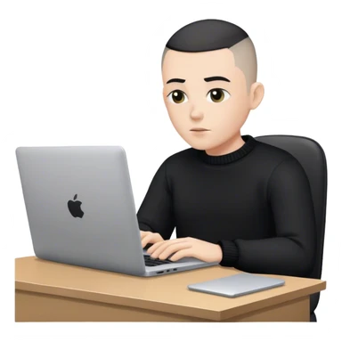 memoji of a man with a laptop in front, apple-style,modern,white skin,black buzz cut hair,black sweater,computer in hand,sitting on his desk sticker