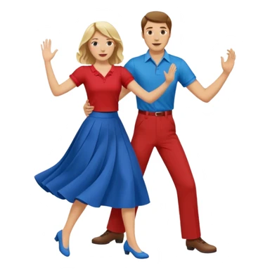 Two people. Man in red shirt and  red pants with brown hair. Women in blue shirt and long skirt with blond hair. Swing Dancing sticker