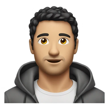 A white man with short black hair and a stubble in a white t shirt and a scarlet hoodie sticker