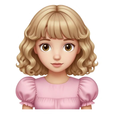 white or light brown girl with bangs, long light brown hair with curly blonde highlights, wearing a pastel pink dress with puff sleeves sticker