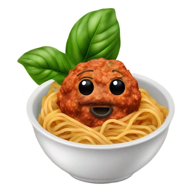 spaghetti with meatballs in a bowl with basil sticker
