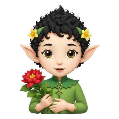 Tiny elf baby black curly hair with pointy ears, hold flowers sticker