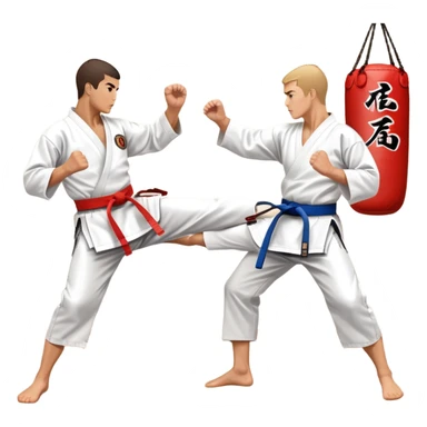 Two karate fighters in traditional gi sparring. One executes a high kick aimed at the opponent’s head, while the other blocks with a strong hand defense. The background features a classic dojo with wooden flooring and banners. Dynamic motion and focused expressions. Transparent background. sticker