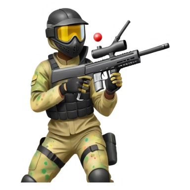 A dynamic scene of a player in action, holding a paintball gun and wearing protective gear. The background shows a vibrant paintball field with obstacles, colorful splatters of paint in the air, and an intense, competitive atmosphere. sticker