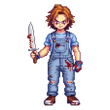 Chucky in overalls, holding a blood-stained knife, menacing pose sticker