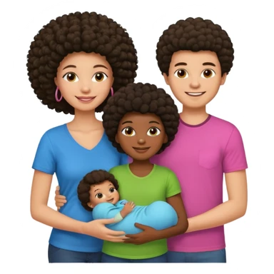 Family with a dark woman only with an afro hairstyle and a green shirt, two children: a boy with straight hair and a blue shirt, and a baby girl in a pink shirt. All are smiling. sticker