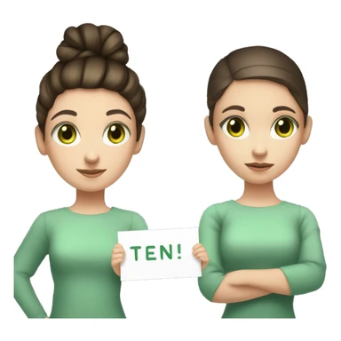 young girl with brunette hair tied up in a high bun and brunette hair, light green eyes the girl who is holding a sign with a ten sticker
