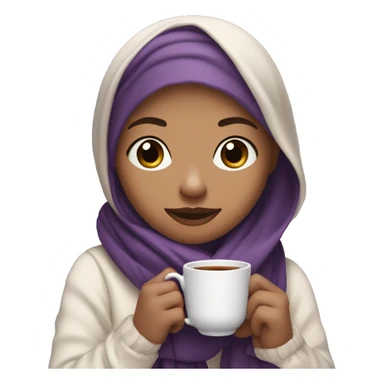 A veiled white scarf, light skin color, dark brown-eyed girl holding a tea cup in her hands and a purple and black cashmere scarf on her shoulders cute sticker
