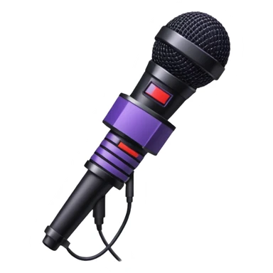 hand holding black stage microphone with purple strip on bottom sticker