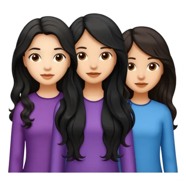 create a trio emoji girl with the first girl with a long black wavy hair with a light skin and the second girl with an mid length wavy hair with a little bit of brown color with light morena skin and the last with long black straight hair with light morena skin sticker