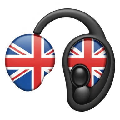 Minimalistic flat vector icon, iOS style, thin black contour on white background. Ear icon with sound waves and small UK/USA flag symbol. Clean, no text, no shadows sticker