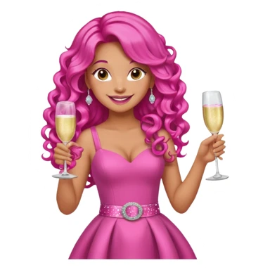 One lady with long hot pink curled hair and tan skin wearing a pink dress with sparkly belt holding a glass of pink champagne in each hand smiling cheerfully  sticker