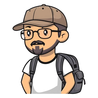 adventurer with goatee beard (no beard on cheeks), short hair, glasses, backwards baseball cap and backpack sticker