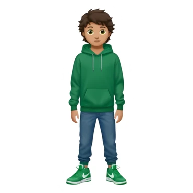 a 14 year old slightly tanned teenage boy with dark brown tousled wavy hair, dark brown eyes wearing a green tshirt, a dark green hoodie, blue jeans and green nike air jordans sticker