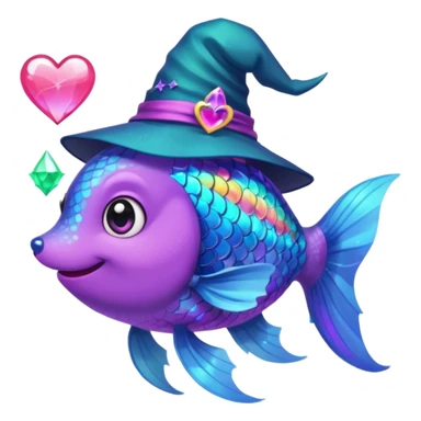 Make the rainbow fish glow with a magical aura and change the blue fox to a neon teal color, keep the purple sparkly witch hat, magical background, and big pink heart in vibrant toon style. sticker