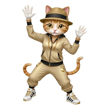 female cat wearing Run DMC hip-hop outfit with tracksuit, fedora, Adidas sneakers, many gold chains, rings, bracelets, flashy earrings, reaching up and catching a ball high in the air, no sunglasses sticker