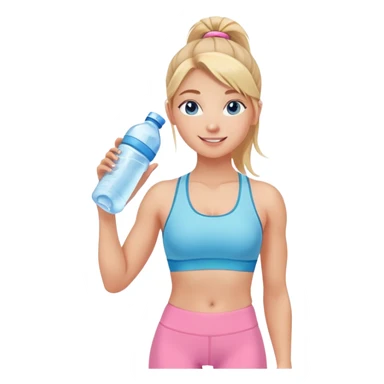 Fit wellness girl – sun-kissed skin, high ponytail, bright blueish eyes, baby pink sports-bra + leggings, holding water bottle, calm confident smile sticker
