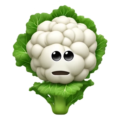 Create a 3D emoji of a cauliflower character with a mysterious face and big shiny eyes 👀. The character is surrounded by a few green leaves 🍃, has leafy hands holding a small mirror 🪞, and is floating in the air without visible legs. Background is white. sticker