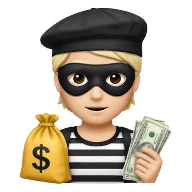 a short ios emoji-style portrait of a classic burglar, a black eye mask (looks like a blindfold) and a black-and-white striped shirt. emoji-like hair, black hat, ONE bag of money 💰 with a dollar sign in a right corner sticker