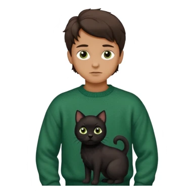 kid with chiseled jawline, brown eyes, flat brown hair facing down, wearing vintage sweater, standing with black dog with wavy hair and black eyes, and black cat with straight hair and green eyes sticker