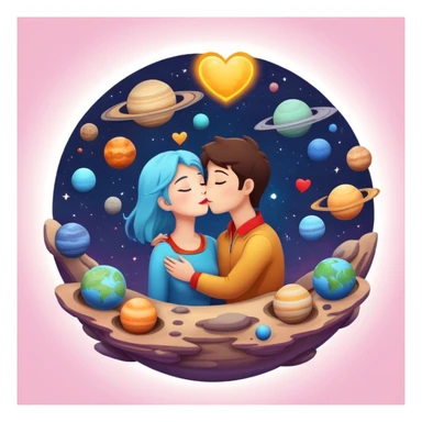 Solar system with heart-shaped planets and couples kissing, cute characters embracing on different planets, colorful cosmic scene sticker