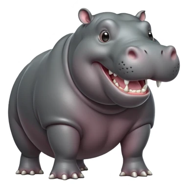 cinematic-hippo-realistic-full-body-side-view-standing-on-all-fours-emoji,-massive-round-frame,-wide-mouthed-grin-exposing-huge-teeth,-head-tilted-dramatically,-thick-grey-hide-glossy sticker