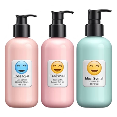 emoji of three different beauty products, with brand labels, minimalistic but luxury design (realistic), pastel colors sticker