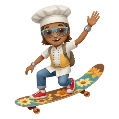 ["A happy boy with brown skin, straight hair, wearing a chef hat and sunglasses, dressed in hippie fashion, is skateboarding while holding a backpack."] sticker