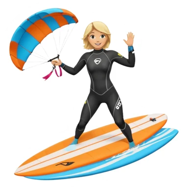 Kitesurfing blond ladie showing parachute and board sticker