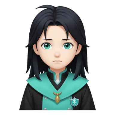 Tokito Muichiro emoji style — calm boy with long black hair fading mint green, turquoise eyes, pale skin, dreamy face, wearing dark Demon Slayer uniform, black + teal tone, anime cute clean style. sticker
