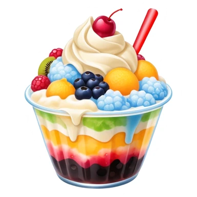 Taiwanese shaved ice dessert with boba, fruit, and condensed milk sticker