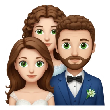 wedding couple, woman has long straight brown hair and green eyes, man has short light brown curly hair and facial hair with blue eyes sticker