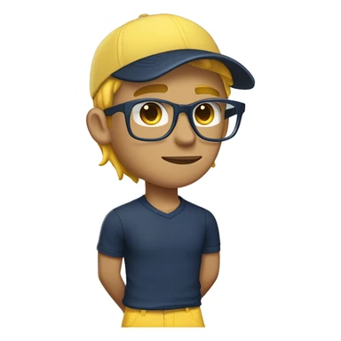 15 year old boy growing yellow hair & yellow eyebrows, wearing polo navy blue t shirt, yellow cap, rayban glasses, light blue pants, black nike gaming shoes, headphones, apple watch & holding iPhone sticker