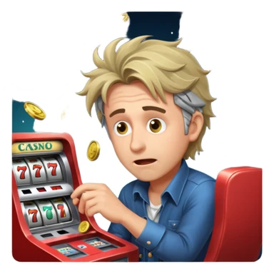 disheveled man losing money at a slot machine, panicked face, coins flying sticker